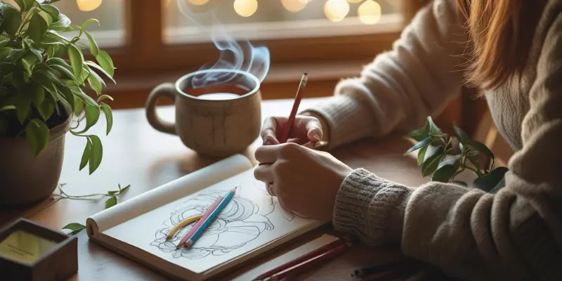 Person sketching with colored pencils in a cozy room with a steaming cup of tea and potted plant, symbolizing a digital detox mental reset in 2025