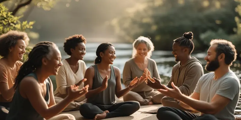 Digital Detox Wellness Meditation 2025 Diverse group meditating by a serene lake, promoting 2025 digital detox and wellness initiatives.