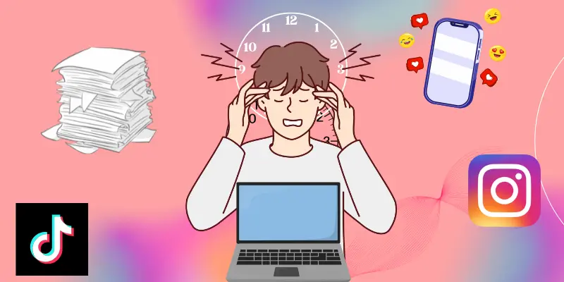 Stressed person at a laptop surrounded by digital distractions like TikTok, Instagram, and phone notifications.