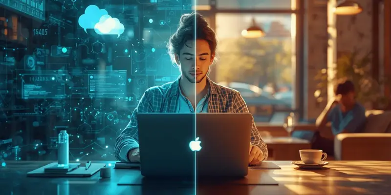 Digital Hybrid Strategies Smart Tech Human Connection 2026 Person working at a hybrid digital workspace in 2025, blending virtual technology with real-world human connection, symbolizing smart use of tech for meaningful relationships.