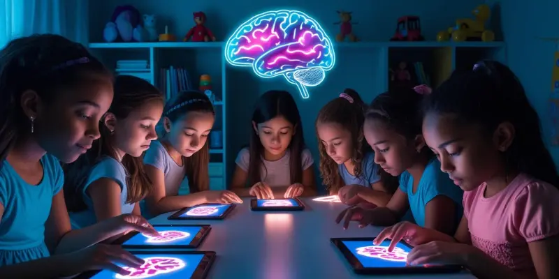 Digital Impact Young Brains Tablets Group of young girls engaged with tablets displaying brain images, symbolizing digital impact on young brains and dopamine effects.