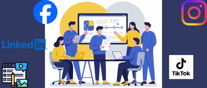 Digital Marketing Social Media Management Team Facebook Instagram Linkedin Tiktok Illustration of a digital marketing team collaborating on social media strategy with laptops and charts, surrounded by icons of Facebook, Instagram, LinkedIn, and TikTok.