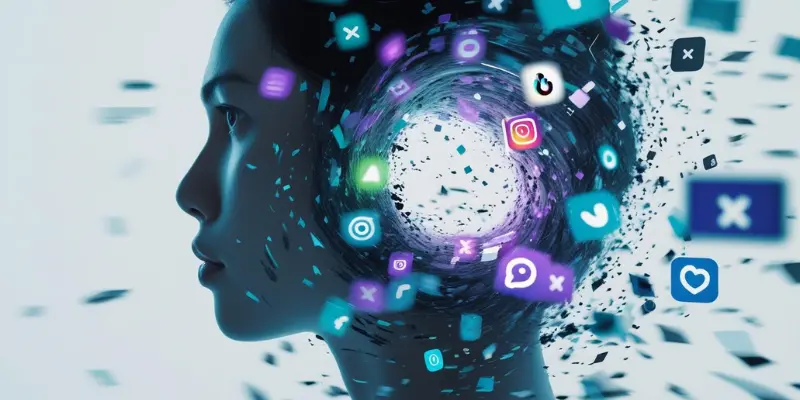 Human head overwhelmed by swirling social media icons and digital notifications.