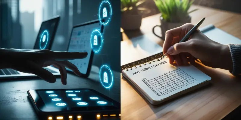 Split image contrasting digital overwhelm with analog habit tracking: left shows hands on glowing devices, right shows hands writing in a "My Habit Tracker" notebook for a screen-free morning.
