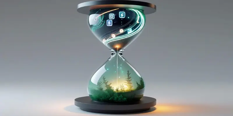 Digital Time Limits Social Media Balance Stylized hourglass with social media icons flowing into a serene nature scene, symbolizing digital time limits.