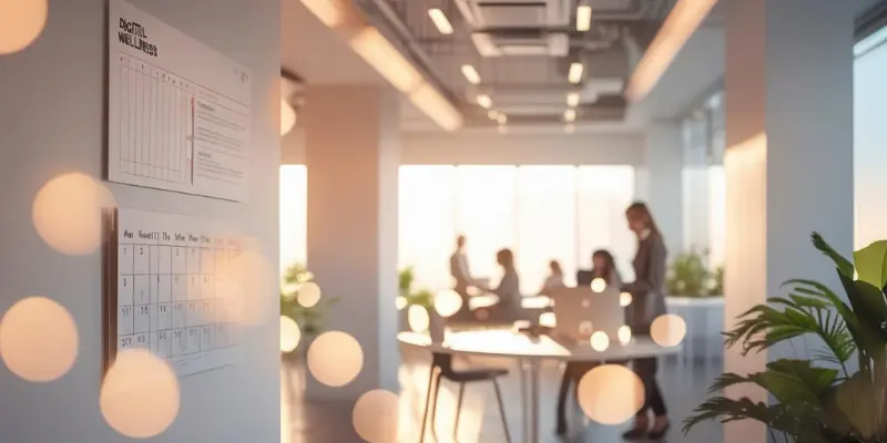 Digital Wellness Workplace Calendar 2025 Modern office with digital wellness calendar and employees collaborating, promoting 2025 workplace wellness.