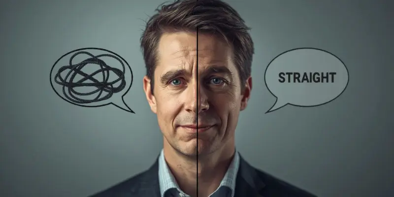 Direct Response Clear Communication Man's face split in half, showing confusion with tangled thoughts versus clarity and straightforwardness.
