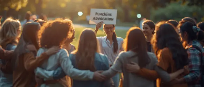 Diverse Support Group Advocacy Network Community Resilience Diverse group of people standing in a circle outdoors, arms around each other, with one person holding a sign that reads "Pluckins Advocacy," symbolizing community support and advocacy.