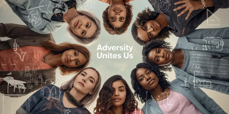 Diverse Women Unity Adversity Empowerment Group Photo Diverse group of eight women standing in a circle, looking down at the camera with the phrase "Adversity Unites Us" in the center, symbolizing unity and empowerment.