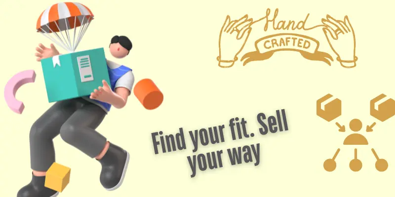 Illustration comparing eCommerce business models (dropshipping, handmade, reselling) for introverts, with tagline ‘Find your fit. Sell your way’ in a minimalist design