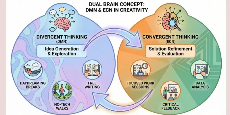 Split-cycle diagram illustrating the Dual Brain Concept in creativity, showing the cyclical flow between Divergent Thinking (DMN) for idea generation and Convergent Thinking (ECN) for solution refinement, with actionable examples for each phase.