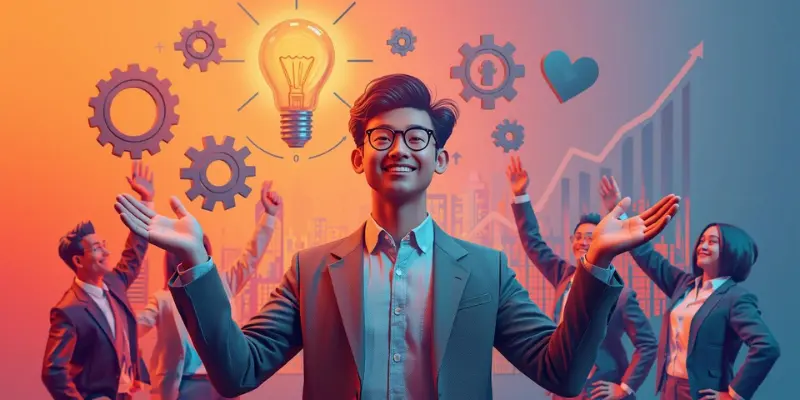Enfp Entrepreneur Innovation Team ENFP entrepreneur leading a diverse team with a lightbulb, gears, heart, and growth charts, symbolizing innovation and social impact.