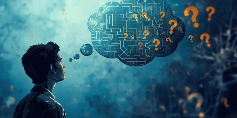 Enfp Overthinking Maze Illustration ENFP overthinking illustration of a person with a maze-filled thought cloud and question marks, symbolizing decision paralysis.