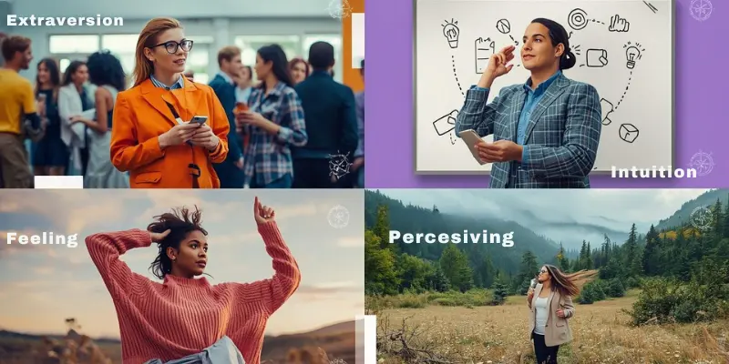 Enfp Personality Traits Extraversion Intuition Feeling Perceiving ENFP personality traits: Extraversion, Intuition, Feeling, and Perceiving, visually represented in four quadrants with vibrant, diverse images of people.