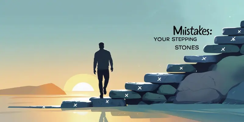 Embrace Imperfection Learn Setbacks Stepping Stones Silhouette of a person climbing steps marked with 'X's, symbolizing mistakes as stepping stones to growth and learning.