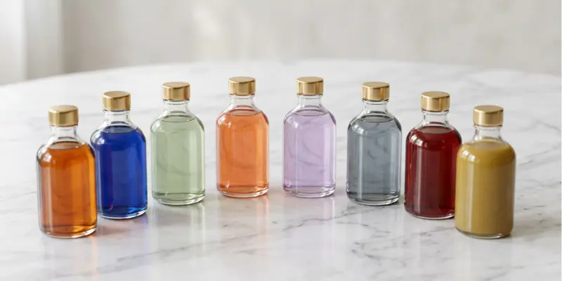 Eight glass bottles containing different coloured liquids arranged in a gentle arc, representing the range of primary human emotions