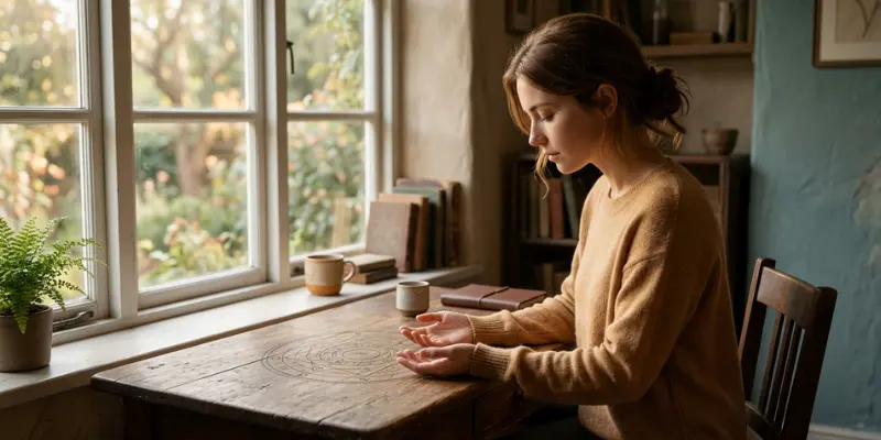 Person sitting at a desk in quiet reflection beside a window, with a circular diagram visible on the table surface