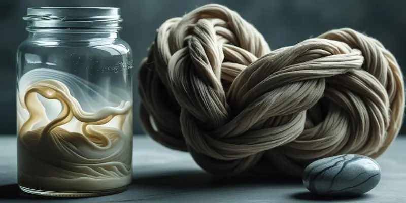 Emotional Blockage Knot Jar Stone Glass jar with swirling liquid next to a tight knot and smooth stone, symbolizing emotional blockage.