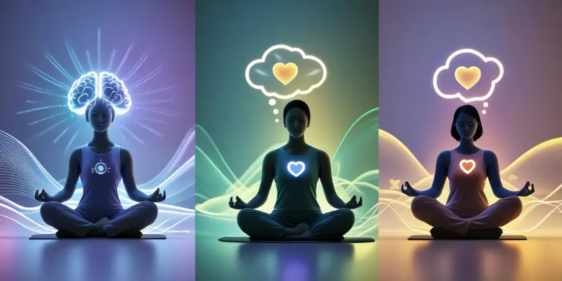 Emotional Intelligence Self Awareness Empathy Meditation Illustration showing a meditative figure with brain, heart, and thought bubble symbols representing emotional intelligence, self-awareness, and empathy.