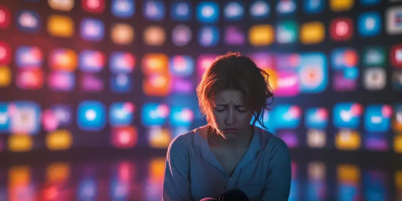 Emotional Overwhelm Digital Distraction Distressed person with bowed head against a blurry background of colorful app icons, symbolizing emotional overwhelm.