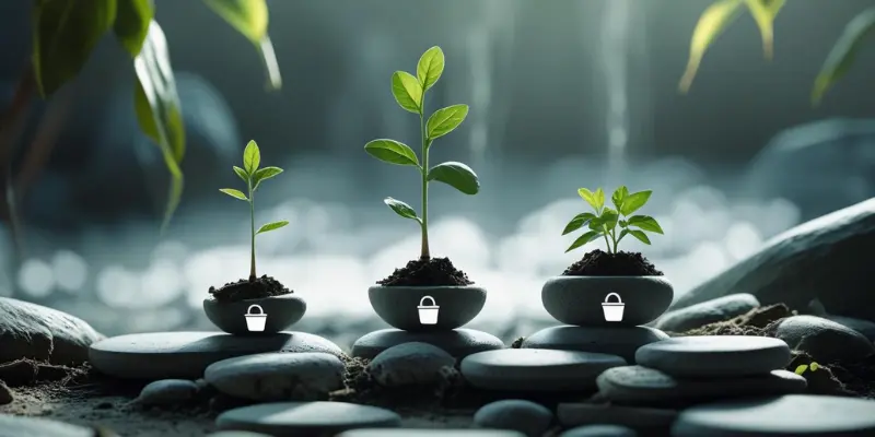 Emotional Resilience Growth Consistent Practice Three small plants growing stronger in pots, symbolizing emotional resilience through practice