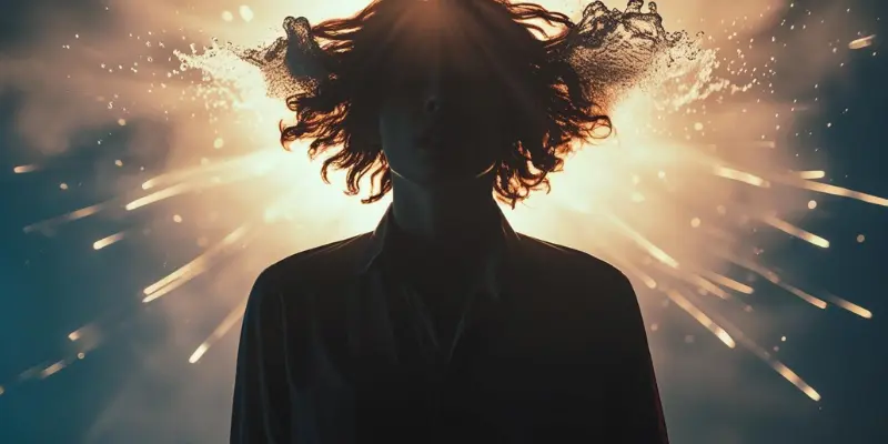 Emotional Unblocking Stream Sunrise 1 Silhouette with brilliant light exploding from head, symbolizing emotional release.