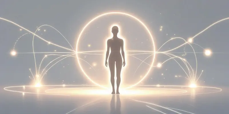 Empowered Silhouette Glowing Connections Individual Thriving A radiant human silhouette centered within a glowing aura, connected by light trails to surrounding points, symbolizing empowerment and interconnectedness.