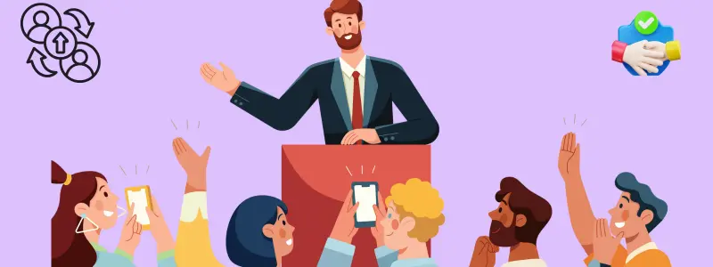 Engaging Audience Hand Gestures Public Speaking Illustration of a confident speaker using hand gestures to engage a diverse audience during a presentation, with audience members raising hands to participate.