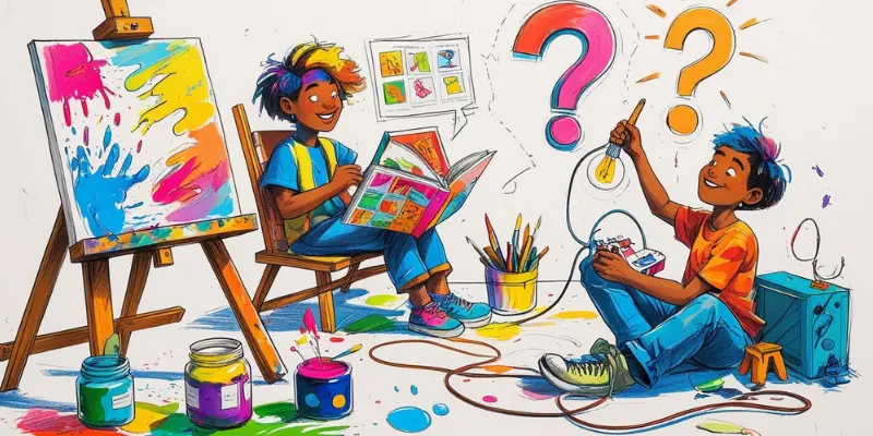 Experiment Fearlessly Kids Activities Children experimenting fearlessly with painting, reading, and tinkering, surrounded by art supplies and question marks, symbolizing a curiosity-driven journey.
