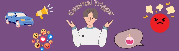 External Triggers Car Social Media Illustration showing a person overwhelmed by external triggers including a car horn, social media, perfume, and an angry face.