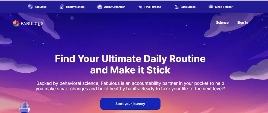 Fabulous App Daily Routine Behavioral Science Fabulous app landing page screenshot promoting daily routines, habit building, and behavioral science.