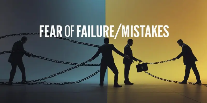 Fear Of Failure Mistakes Overcoming Image for blog section 'Fear of Failure/Mistakes,' showing silhouettes of three people breaking chains, transitioning from a dark blue side symbolizing fear to a bright yellow side representing freedom, with a briefcase and text 'Fear of Failure/Mistakes' in bold white.