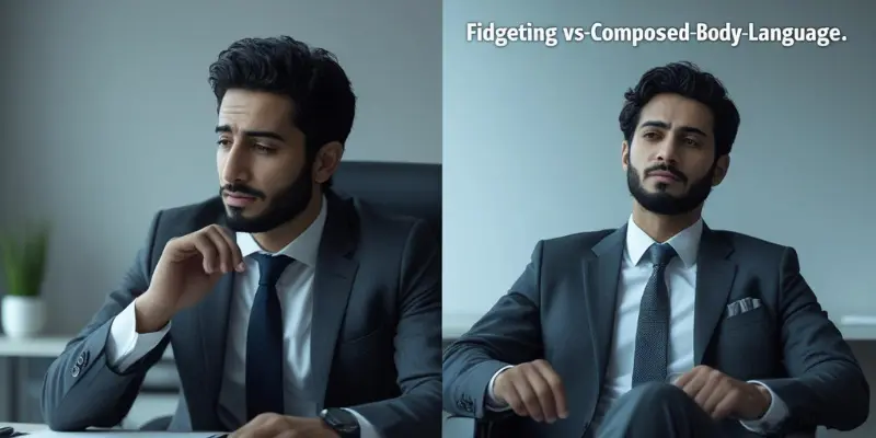 Fidgeting Vs Composed Body Language Side-by-side comparison showing "Fidgeting vs-Composed-Body-Language," with a man touching his face on the left and a calm, still man on the right.