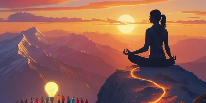silhouette meditating on mountain peak at sunset, with glowing idea bulb and crowd below.