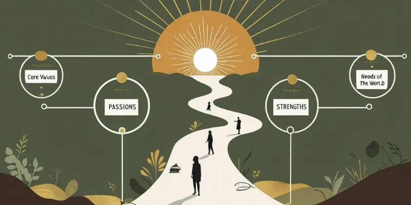 people on path towards sun, guided by core values, passions, strengths, and world's needs.