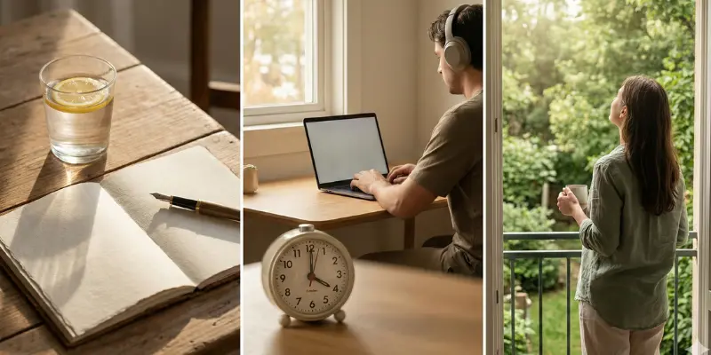 A triptych collage illustrating three practical habits for improved focus: a mindful morning journaling setup with lemon water, a man practicing single-tasking with noise-canceling headphones and an analog timer, and a woman taking a nature reset break on a balcony.