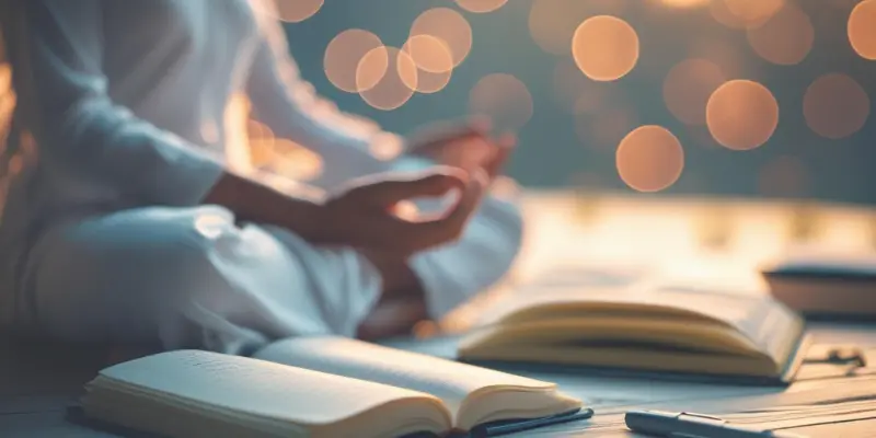 Focused Input Morning Productivity Meditation Person meditating with journals for focused morning input activities.