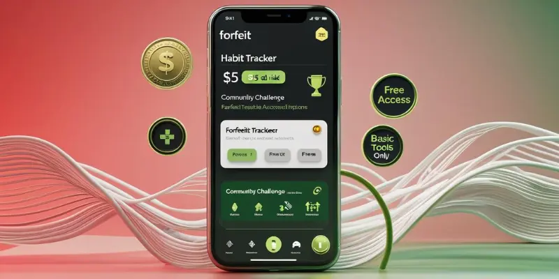 Forfeit Habit Tracker 2025 Illustration of Forfeit habit tracker on phone with stakes counter and challenge leaderboard, showcasing free 2025 features.