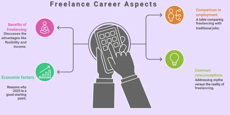 Freelance Economy 2025 Global Workforce Demand Infographic illustrating the current state of the freelance economy in 2025, highlighting key trends such as the 36% global freelance workforce, increasing demand for specialized roles in cybersecurity, AI, and digital marketing, and the higher pay freelancers in high-demand fields are earning. The image visualizes the growth and opportunities in remote freelancing, emphasizing the evolution of the gig economy.