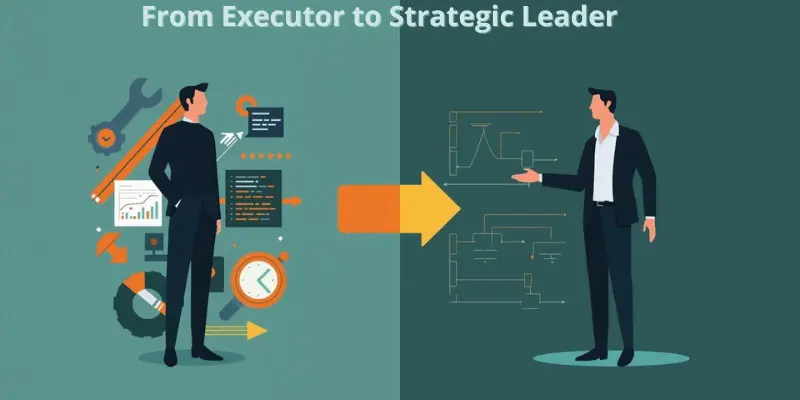 From Executor To Strategic Leader Career Growth An illustration of a professional transitioning from an executor to a strategic leader.