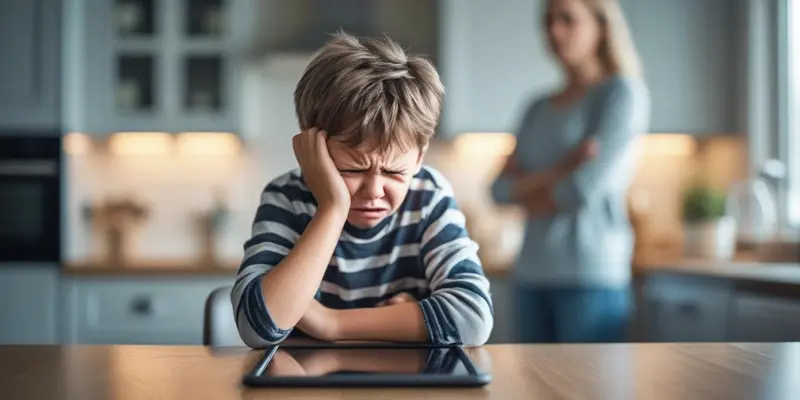 Frustrated Child Tablet Digital Frustrated child with tablet and concerned parent in background for digital detox blog section.