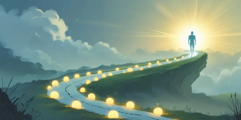 Future Self Emotional Blueprint Journey Winding path with glowing orbs leading to radiant future self silhouette