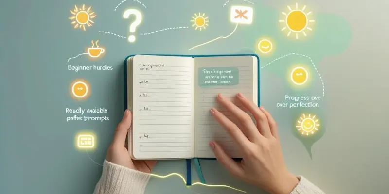 Gratitude Journal Beginner Hurdles Solutions Hands holding an open gratitude journal, with glowing icons symbolizing common beginner hurdles, ready prompts, and progress over perfection.