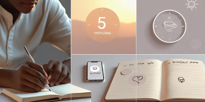 Gratitude Journal Beginners 5Min Routine Visual guide to starting a gratitude journal for beginners: hand writing in a notebook, a 5-minute timer, and digital journaling options.