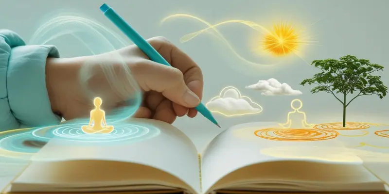Gratitude Journal Benefits Transformation Hand writing in a gratitude journal, surrounded by glowing symbols representing benefits like peace, happiness, and personal growth.