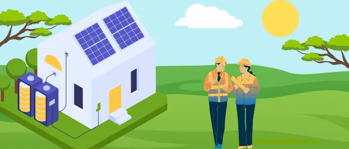 Green Energy Solar Panels Sustainability Workers Illustration Illustration of two workers discussing in front of a house with solar panels and battery storage, representing green energy and sustainability.