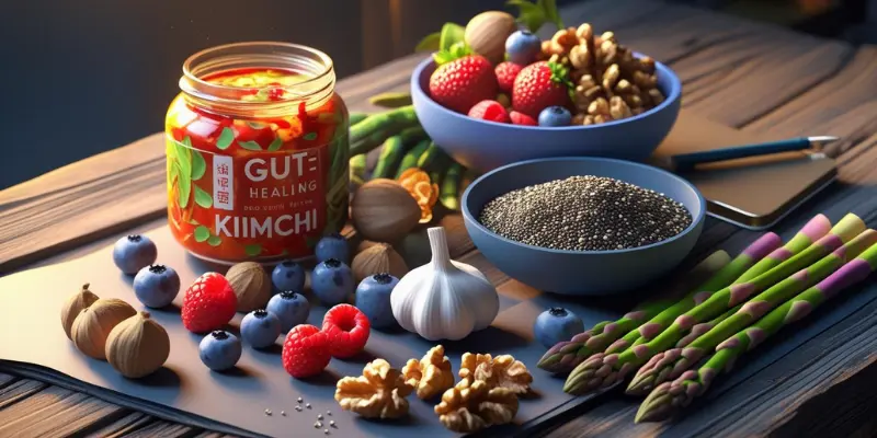 Gut Healing Foods Nutrition Playbook Colorful array of gut-healing foods for mind-gut health and focus.