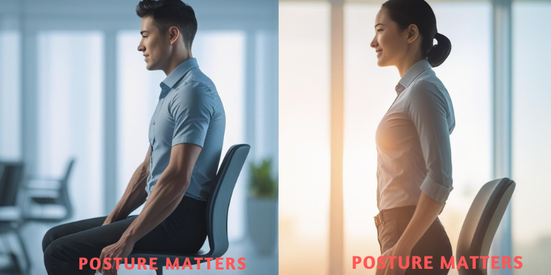 Hnbvfdcswe Side-by-side comparison of bad posture (slouching man) and good posture (upright woman) in an office setting, with the text POSTURE MATTERS.