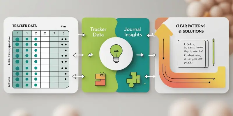 Habit Tracker Data Journal Insights Patterns Diagram showing the flow from habit tracker data and journal insights leading to clear patterns and solutions.
