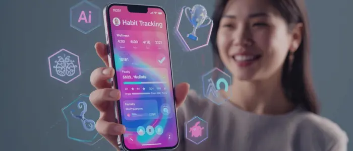 Habit Tracking App Ai Wellness Digital Tools Smiling woman holding a smartphone displaying a colorful habit tracking app interface, surrounded by digital icons representing AI, wellness, and goal achievement.